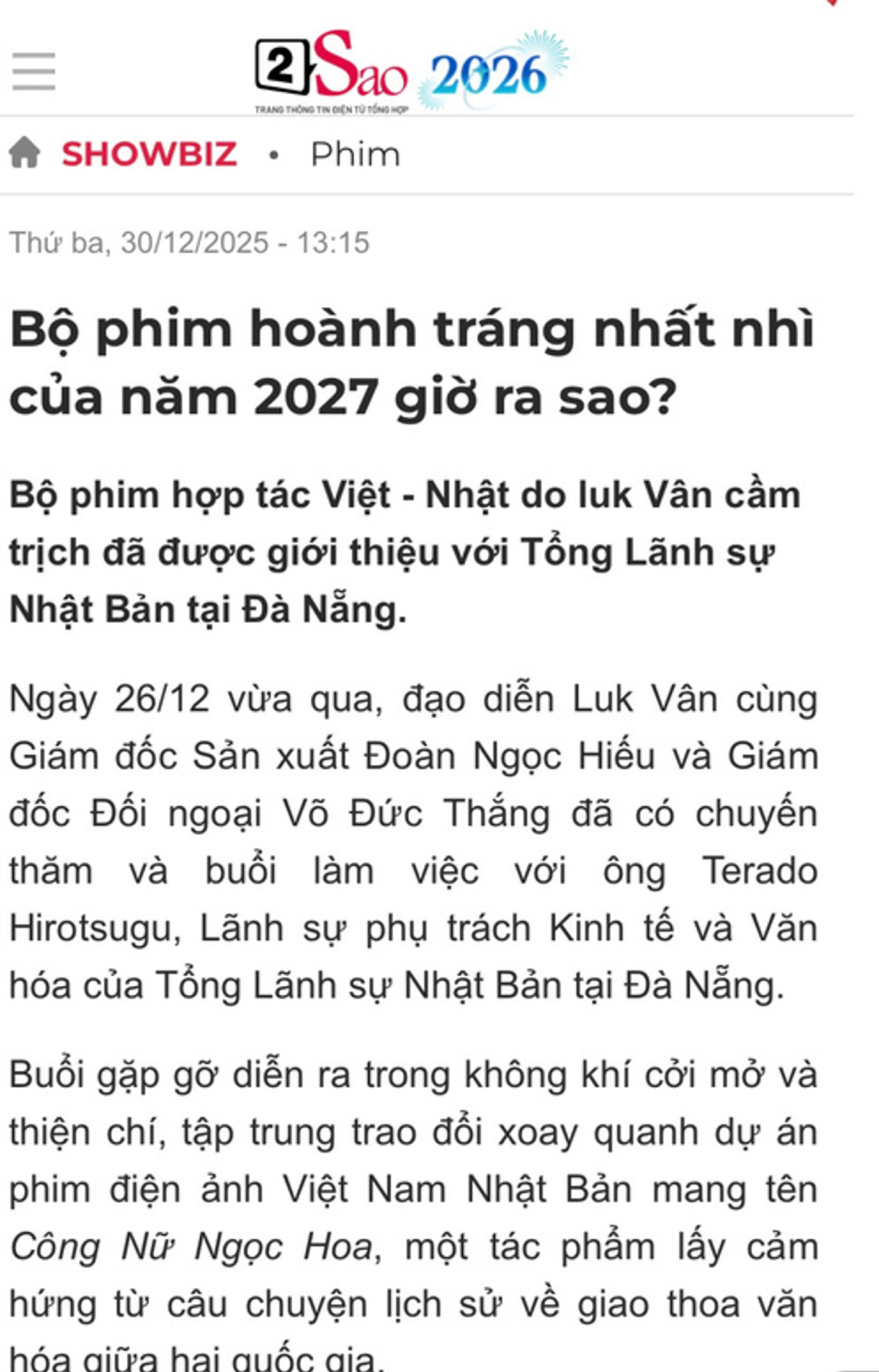 Bài báo trên Tiền Phong Online đưa tin về đạo diễn Luk Vân và hành trình thực hiện bộ phim lịch sử Công Nữ Ngọc Hoa.