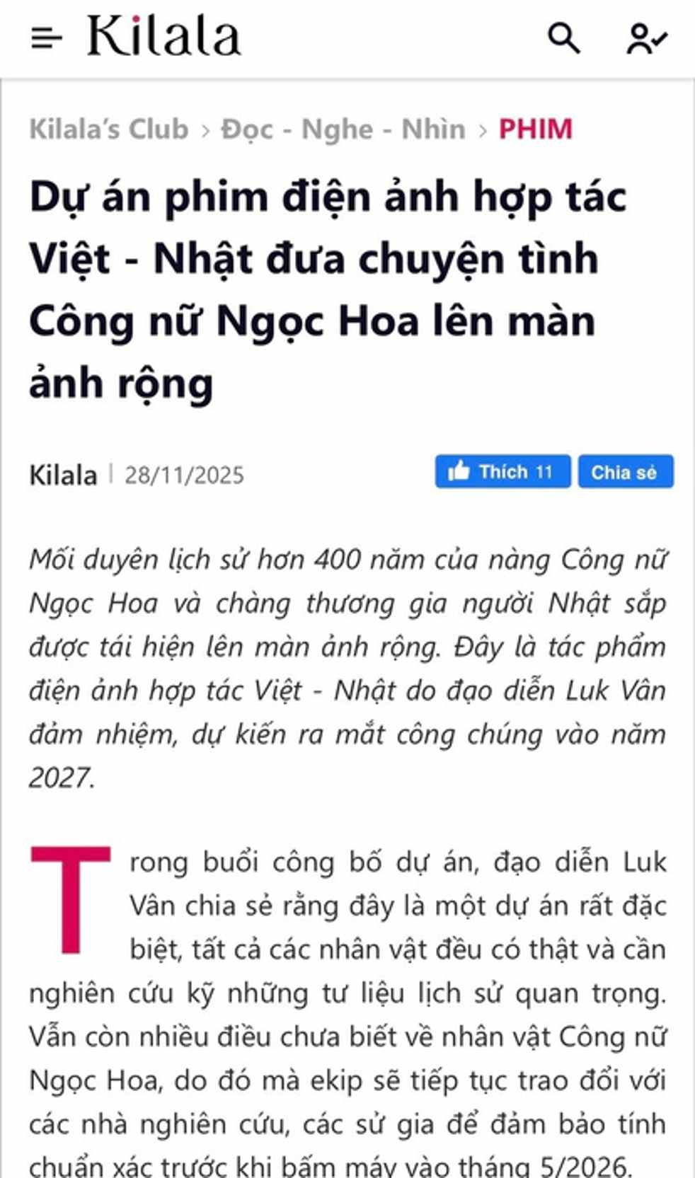 Tổng hợp các bài báo tại Việt Nam đưa tin về dự án phim Công Nữ Ngọc Hoa